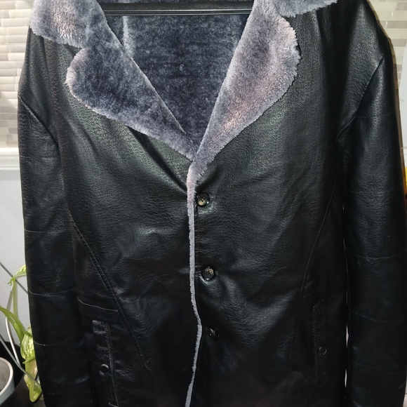 No Name Other - Men's Black Faux Leather Jacket with Gray Faux Fur Lining
